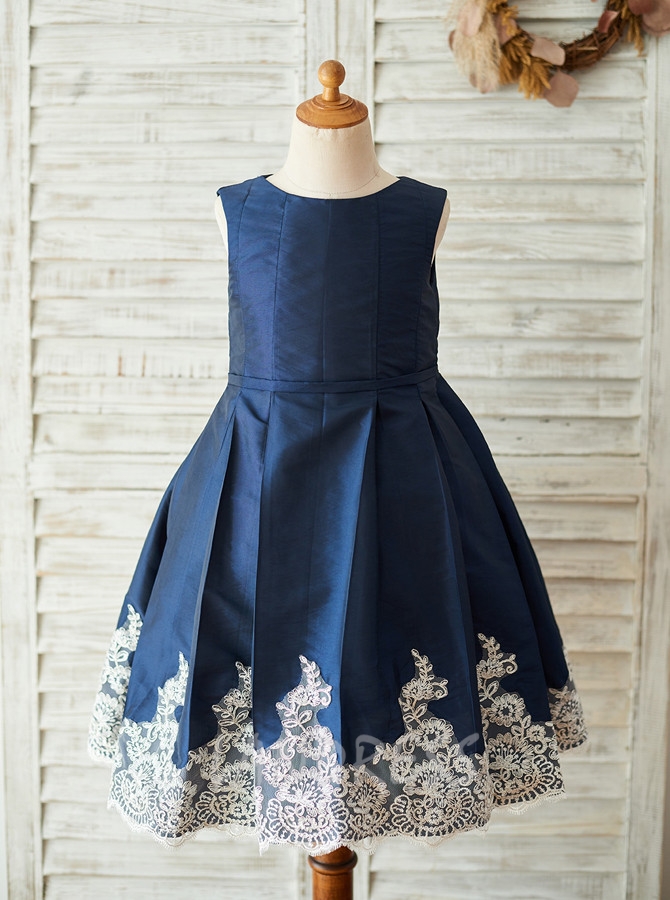 Dark Navy Flower Girl Dress,Tea Length Flower Girl Dress,11846