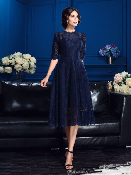 Dark Navy Lace Mother of the Bride Dresses,Tea Length Mother Dress,11737