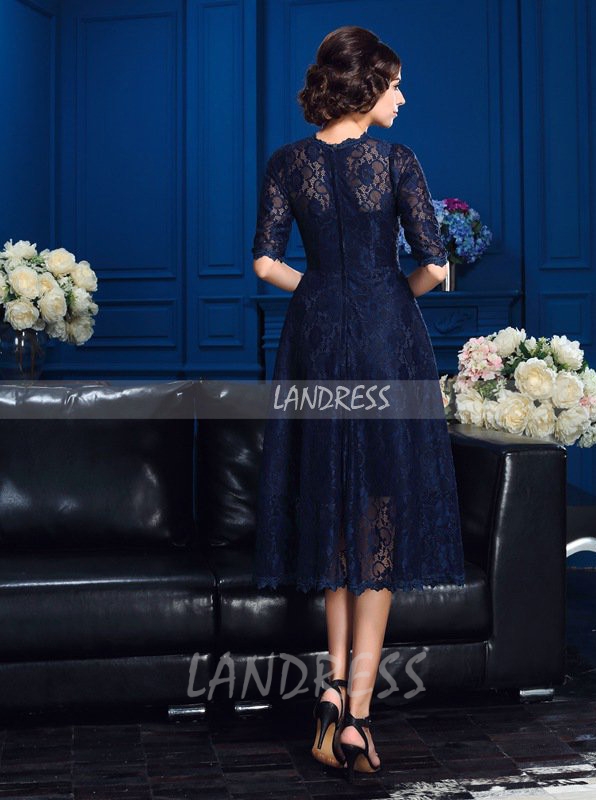 Dark Navy Lace Mother of the Bride Dresses,Tea Length Mother Dress,11737