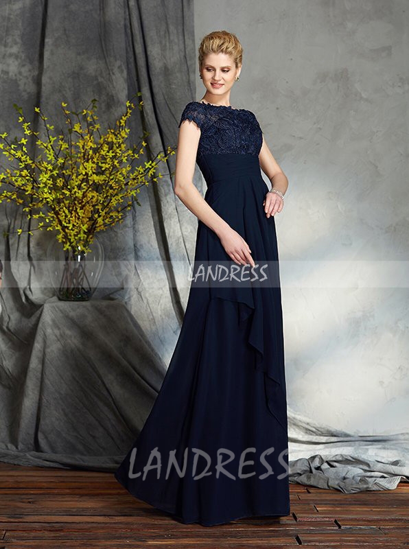 Dark Navy Mother of the Bride Dress with Short Sleeves,Fall Long Mother Dress,11760