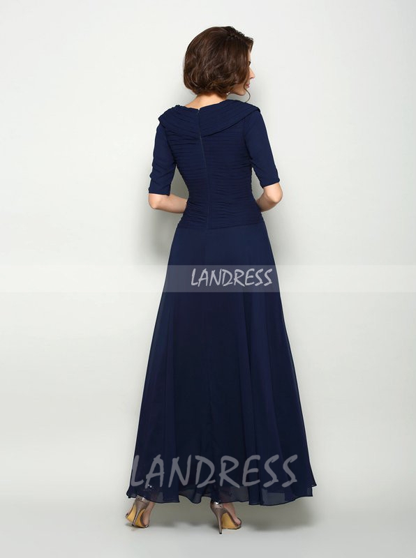 Dark Navy Mother of the Bride Dress with Sleeves,Ankle Length Chiffon Mother Dress,11728