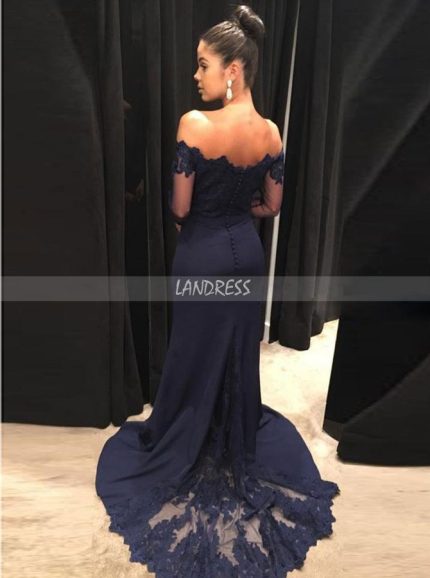 Dark Navy Prom Dress with Sleeves,Off the Shoulder Evening Dress,12006