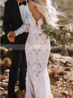 Destination Lace Wedding Dress,Open Back Wedding Dress with Long Sleeves,12144