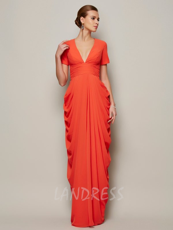 Draped Mother of the Bride Dress with Short Sleeves,Chiffon Long Mother Evening Dress,11804