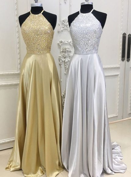 Elastic Satin Prom Dresses,Long Evening Dresses,Halter Prom Dress,11187