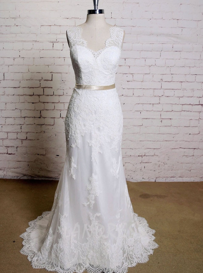 Elegant Wedding Dress with Sash,Lace Mermaid Wedding Dress,11631