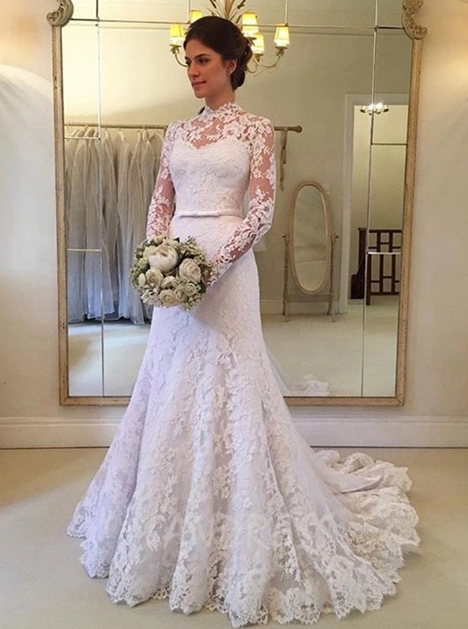 Fit and Flare Lace Bridal Dress,Vintage High Neck Wedding Dress with Sleeves,12266