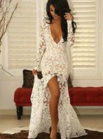 Fitted Lace Evening Dresses,Prom Dress with Sleeves,Front Slit Evening Dress,11259