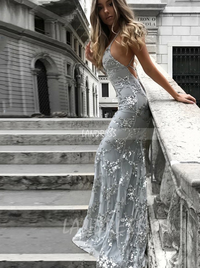 Fitted Mermaid Prom Dress,Silver Evening Dress,Lace Evening Dress,11258