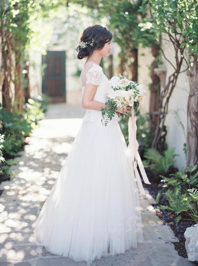 Floor Length Wedding Dress with Short Sleeves,Outdoor Wedding Dress,11649