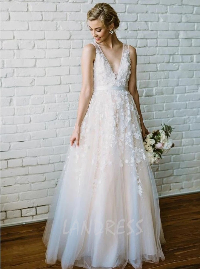 Floral A-line V-neck Wedding Dress,Wedding Reception Dress,12249