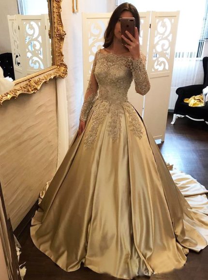 Gold Prom Gown with Sleeves,Off the Shoulder Prom Gowns,11904