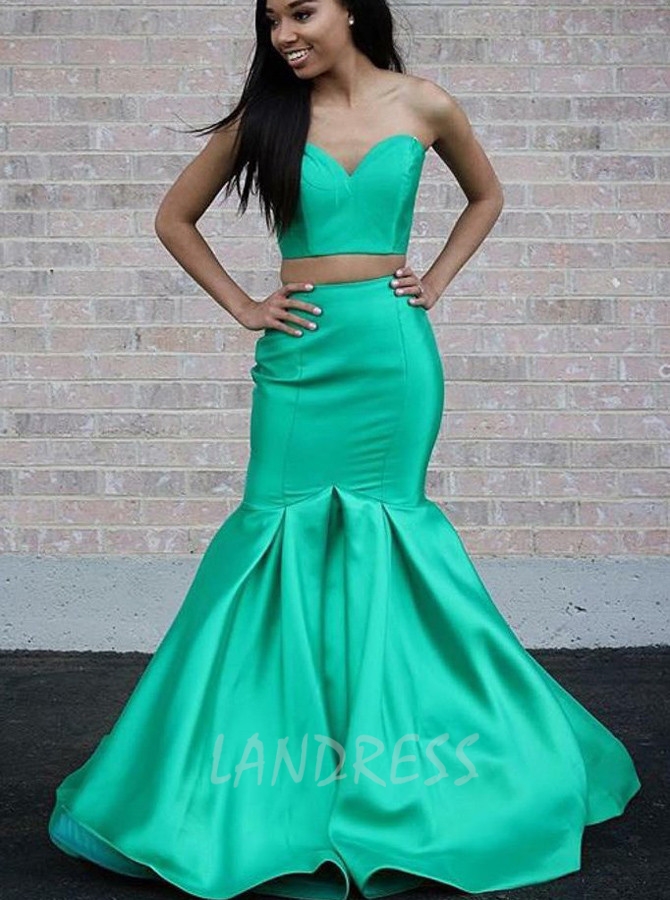 Green Two Piece Prom Dresses,Satin Mermaid Prom Dress,Sweetheart Prom Dress,11254