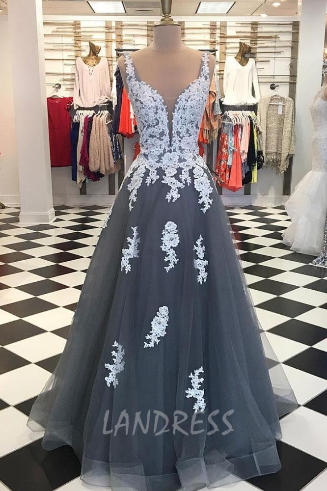 Grey Prom Dresses,Long Prom Dresses with Appliques,Princess Prom Dress,11221