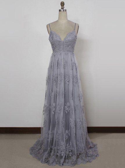 Grey Prom Dresses with Straps,Long Lace bridesmaid Dress,11901
