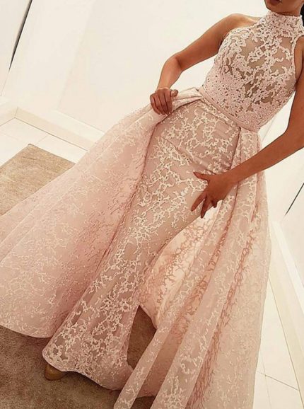 High Neck Prom Dress with OverSkirt,Lace Modern Prom Dress,11912