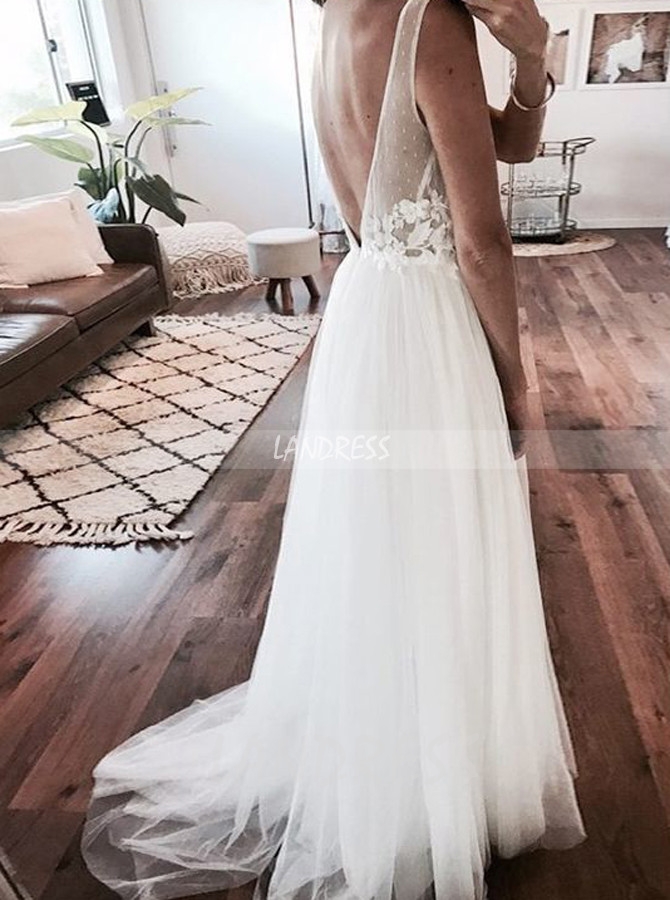 Illusion Wedding Dresses,White Tulle Wedding Dress,Open Back Wedding Dress,11309