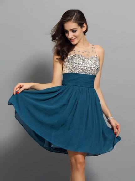 Ink Blue Short Chiffon Homecoming Dress,Illusion Cocktail Dress,11544