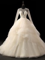 Ivory Ball Gown Wedding Dress with Sleeves,Ruffled Wedding Gown,11718