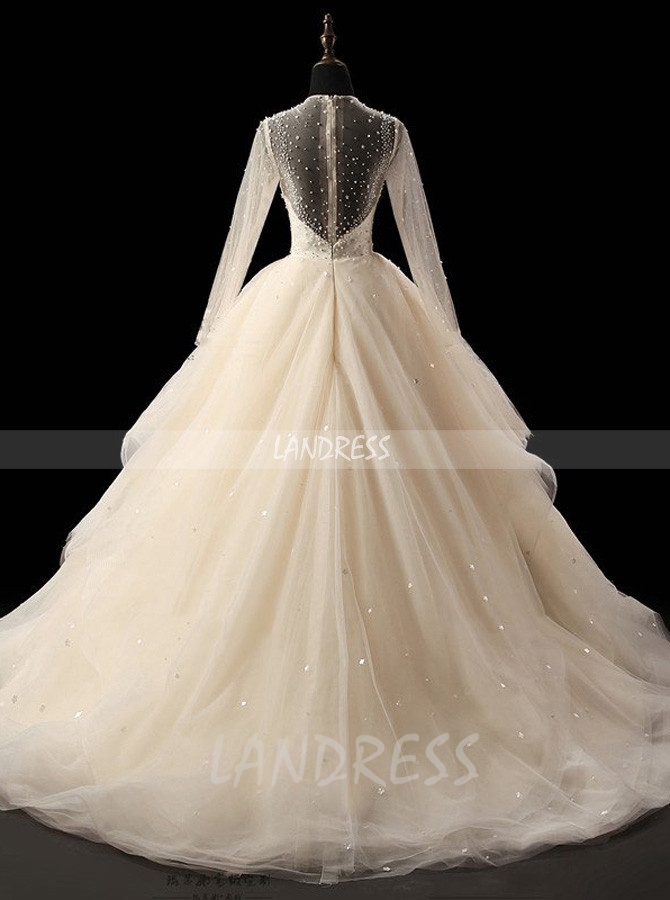 Ivory Ball Gown Wedding Dress with Sleeves,Ruffled Wedding Gown,11718