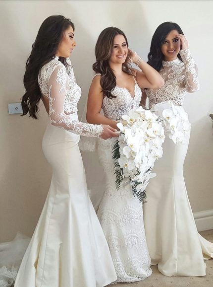 Ivory Mermaid Bridesmaid Dresses with Sleeves,Two Piece Fitted Bridesmaid Dress,11957