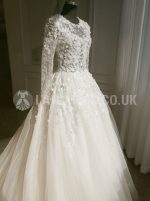 Ivory Princess Floral Wedding Dress,Stunning Wedding Dress with Sleeves,Tulle Bridal Dress,11122