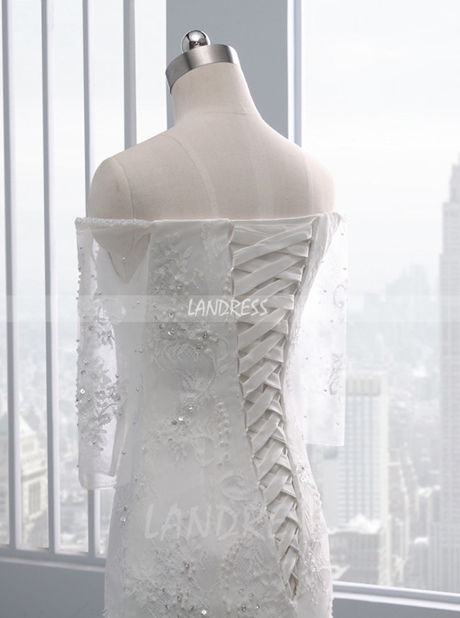 Ivory Wedding Dresses with 3/4 Length Sleeves,Mermaid Lace Wedding Dress,11695
