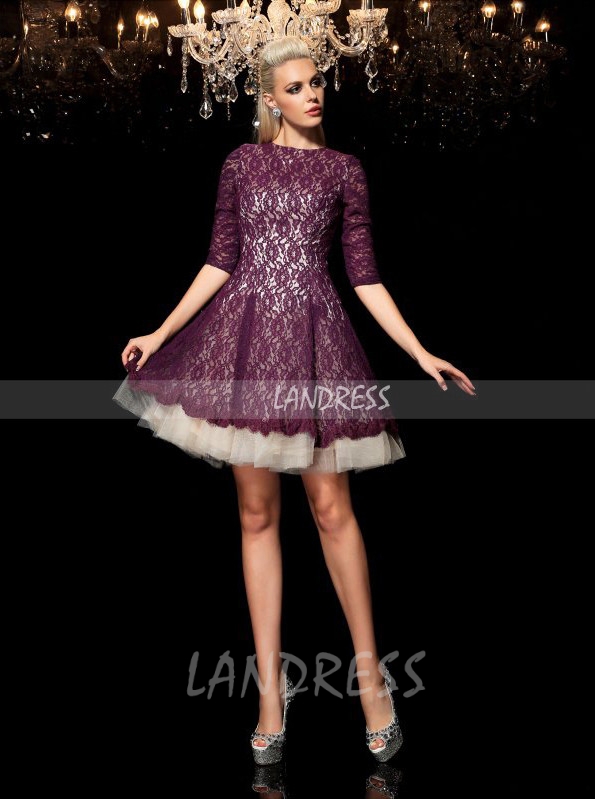 Lace A-line Cocktail Dresses,Homecoming Dress with Sleeves,11436