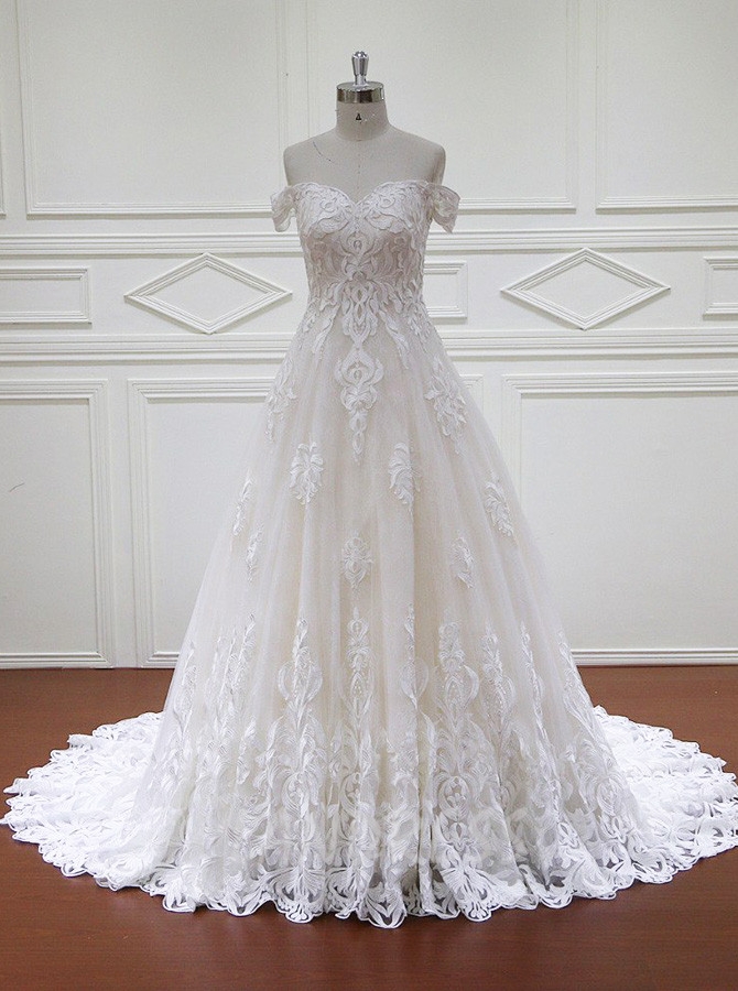 Lace A-line Wedding Dress,Off the Shoulder Wedding Dress,12037