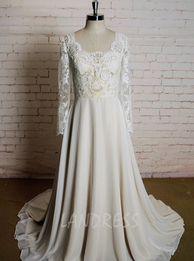 Lace and Chiffon Wedding Dresses with Long Sleeves,11618