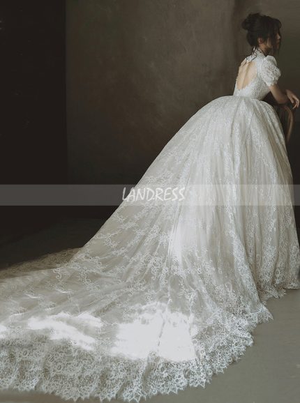 Lace Ball Gown Bridal Dress with Short Sleeves,Vintage Bridal Gown,12301