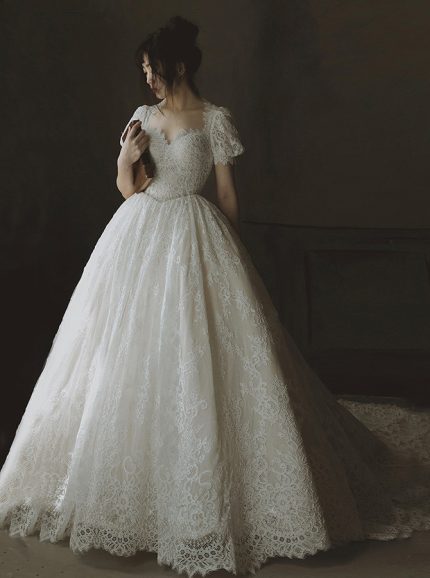 Lace Ball Gown Bridal Dress with Short Sleeves,Vintage Bridal Gown,12301