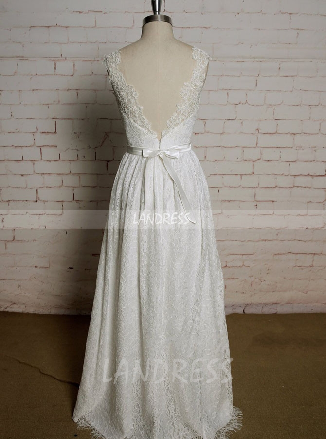 Lace Beach Wedding Dresses with Sash,Floor Length Wedding Dress,11617