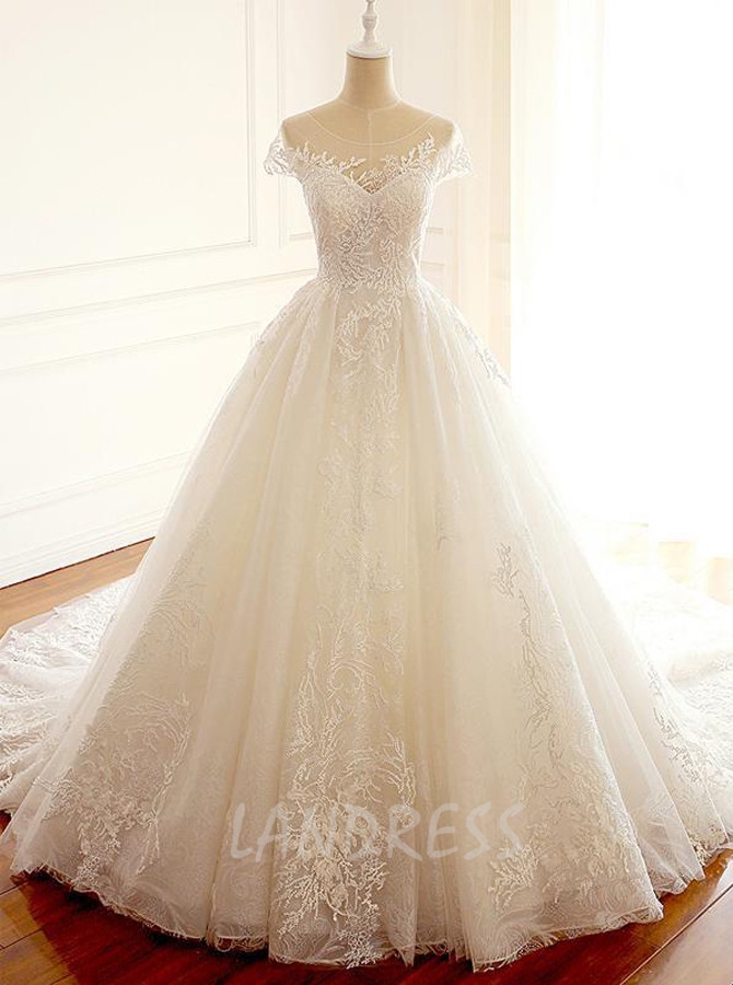 Lace Classic Wedding Gown,Cap Sleeves Bridal Gown with Train,11313