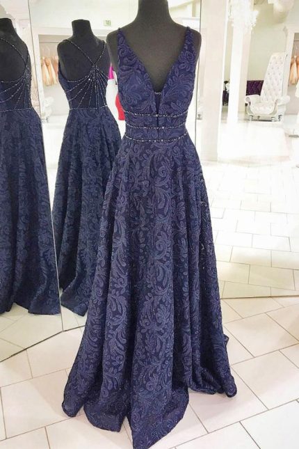 Lace Formal Evening Dresses,Long Dark Navy Prom Dress,11252