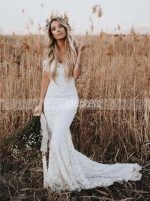 Lace Off the Shoulder Wedding Dress,Rustic Wedding Dress,12155