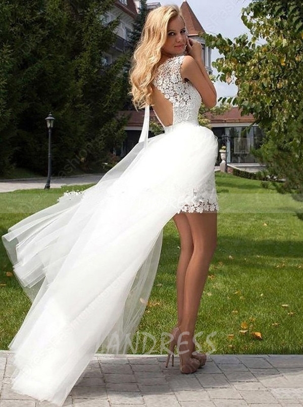 Lace Short Wedding Dress with Detachable Tulle Skirt,Full Length Beach Wedding Dress,11310