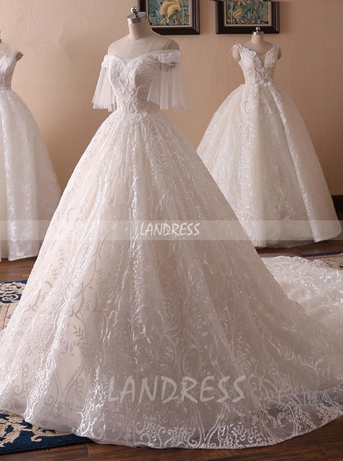Lace Wedding Dresses with Short Sleeves,Princess Ball Gown Wedding Dress,11716