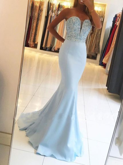 Light Blue Beaded Prom Dresses,Mermaid Sweetheart Evening Dress,11945