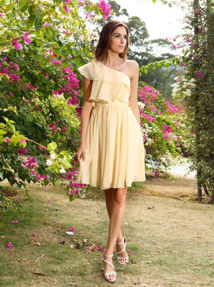 Light Yellow Bridesmaid Dresses,One Shoulder Short Bridesmaid Dress,11401