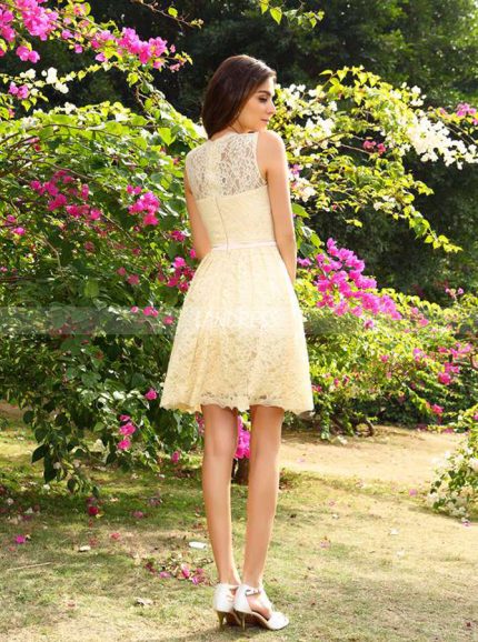 Light Yellow Short Homecoming Dresses,Lace Bridesmaid Dress,11396
