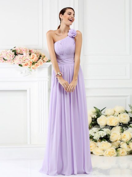 Lilac Bridesmaid Dresses with Flowers,One Shoulder Bridesmaid Dress,11386