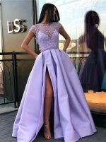 Lilac Prom Dresses with Slit,Satin Evening Dress,11876