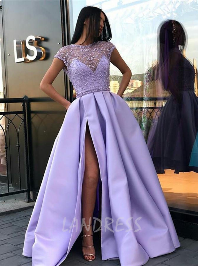 Lilac Prom Dresses with Slit,Satin Evening Dress,11876