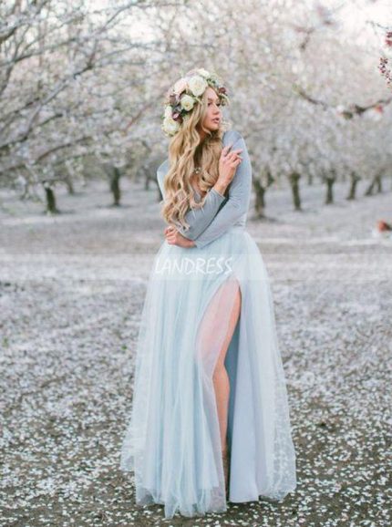 Long Sleeve Dress for Engagement Shoot,Light Blue Dress with Slit,12238