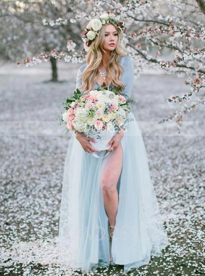 Long Sleeve Dress for Engagement Shoot,Light Blue Dress with Slit,12238