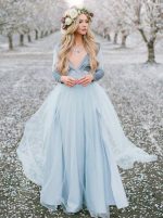 Long Sleeve Dress for Engagement Shoot,Light Blue Dress with Slit,12238