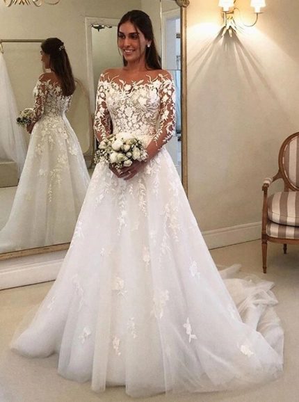 Long Sleeves A-line Bridal Gown with Floral Embroidery Lace,12263