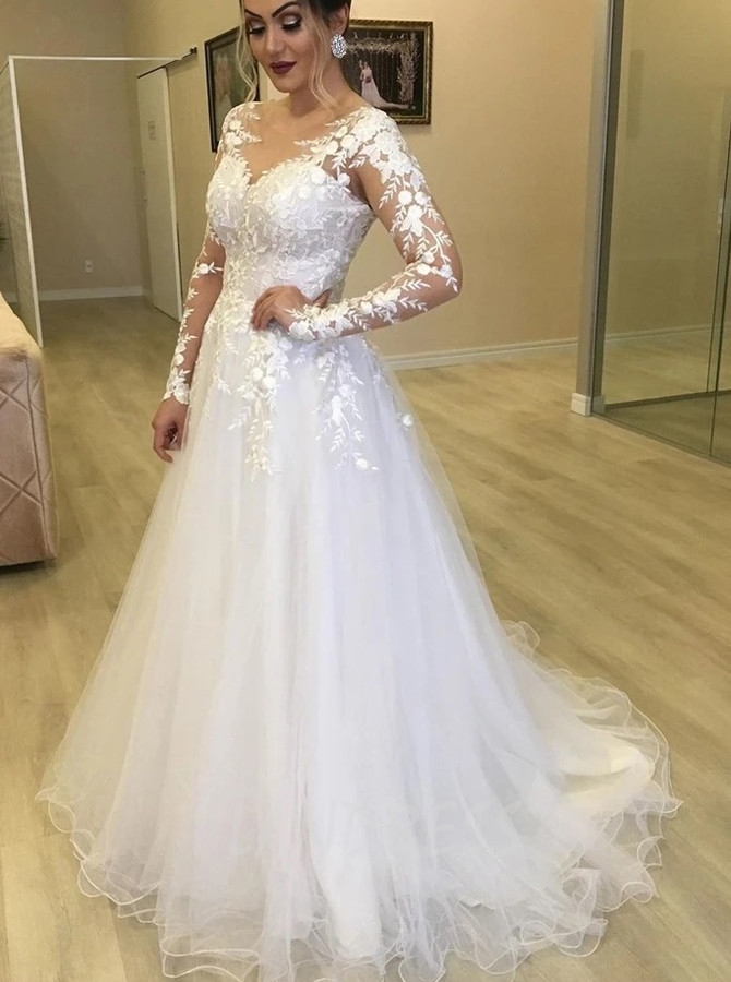 Long Sleeves A-line Plus Size Wedding Dress,12285