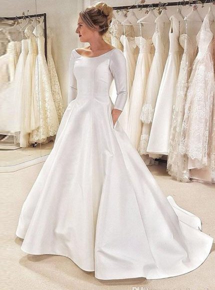 Long Sleeves A-line Satin Bridal Dress with Pockets,12274